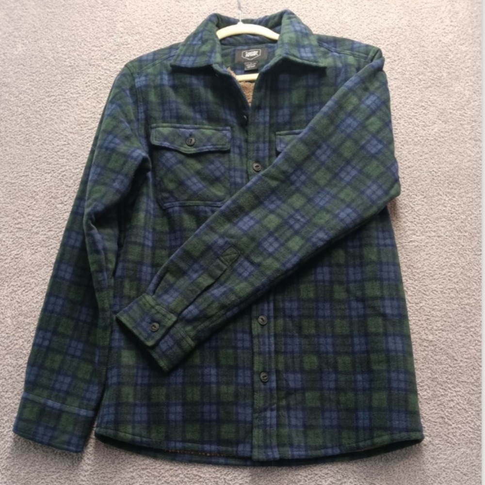Berkley Jensen Sherpa-Lined Flannel Shirt Jacket Men's S Green/Blue Plaid‎